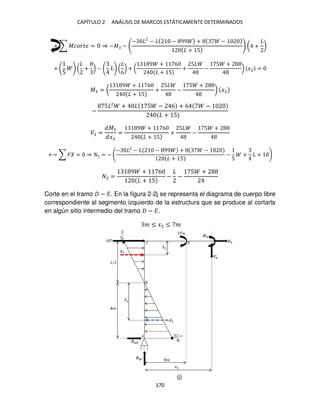 CAPÍTULO 2 ANÁLISIS DE MARCOS ESTÁTICAMENTE DETERMINADOS
170
+ ∑ ������ = ⇒ −� −
− − − 99 + −
+ 5
( + )
+
5
( + ) − (
6
) + (
9 + 6
+ 5
+
5
−
5 +
) �2 =
� = (
9 + 6
+ 5
+
5
−
5 +
) �2
−
5 2
+ 5 − 6 + 6 −
+ 5
� =
�
�2
=
9 + 6
+ 5
+
5
−
5 +
+ ∑ � = ⇒ = −
− 2
− − 99 + −
+ 5
−
5
+ +
=
9 + 6
+ 5
− −
5 +
Corte en el tramo − �. En la figura 2-2j se representa el diagrama de cuerpo libre
correspondiente al segmento izquierdo de la estructura que se produce al cortarla
en algún sitio intermedio del tramo − �.
� ≤ �2 ≤ �
(j)
 