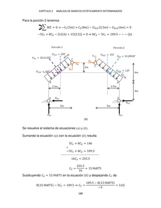 CAPÍTULO 2 ANÁLISIS DE MARCOS ESTÁTICAMENTE DETERMINADOS
188
Para la porción 2 tenemos
+ ∑ �� = ⇒ −�� 5� + � � − �2� .5� − �2 6� =
−5�� + � − [ 6 + 5 .5 ] = ⇒ � − 5�� = 9.5 − − −
Se resuelve el sistema de ecuaciones � y .
Sumando la ecuación � con la ecuación resulta
5�� + � = 6
−5�� + � = 9.5
6� = 55.5
� =
55.5
6
= 5.96 5
Sustituyendo � = 5.96 5 en la ecuación y despejando �� da
5.96 5 − 5�� = 9.5 ⇒ �� =
9.5 − 5.96 5
−5
= .65
+
5� 5�
�
�
�
�
�
�2 = 9. 9 �
� = �
� = 5�
� = 5.6 5�
� = 6�
� = �
��
��
���
���
�
�
�
�
�
.5� .5�
�
�����ó �����ó
(e)
 