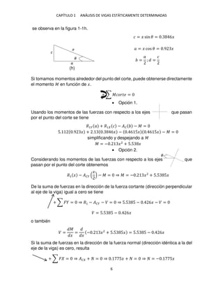 CAPÍTULO 1 ANÁLISIS DE VIGAS ESTÁTICAMENTE DETERMINADAS
6
se observa en la figura 1-1h.
� = � sin � = . 6�
� = � cos � = .9 �
=
�
; =
�
Si tomamos momentos alrededor del punto del corte, puede obtenerse directamente
el momento � en función de �.
+ ∑ ������ =
 Opción 1.
Usando los momentos de las fuerzas con respecto a los ejes que pasan
por el punto del corte se tiene
�1� � + �1 � − �� − � =
5. .9 � + . . 6� − . 6 5� . 6 5� − � =
simplificando y despejando a �
� = − . �2
+ 5.5 �
 Opción 2.
Considerando los momentos de las fuerzas con respecto a los ejes que
pasan por el punto del corte obtenemos
�1 � − ���
�
− � = ⇒ � = − . �2
+ 5.5 5�
De la suma de fuerzas en la dirección de la fuerza cortante (dirección perpendicular
al eje de la viga) igual a cero se tiene
+ ∑ � = ⇒ �1 − ��� − � = ⇒ 5.5 5 − . 6� − � =
� = 5.5 5 − . 6�
o también
� =
�
�
=
�
− . �2
+ 5.5 5� = 5.5 5 − . 6�
Si la suma de fuerzas en la dirección de la fuerza normal (dirección idéntica a la del
eje de la viga) es cero, resulta
+ ∑ � = ⇒ �� + = ⇒ . 5� + = ⇒ = − . 5�
�
�
�
�
(h)
 