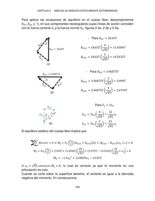 CAPÍTULO 2 ANÁLISIS DE MARCOS ESTÁTICAMENTE DETERMINADOS
196
Para aplicar las ecuaciones de equilibrio en el cuerpo libre, descomponemos
���, �� y �2 en sus componentes rectangulares cuyas líneas de acción coinciden
con la fuerza cortante �4 y la fuerza normal 4, figuras 2-4o, 2-4p y 2-4q.
- Para ��� = .65�
��� = .65� (
√
) = .65 6�
���� = .65� (
5
√
) = .56 �
- Para �� = .96 5�
�� = .96 5� (
5
√
) = . 99�
�� � = .96 5� (
√
) = . 9 �
- Para �2 = �4
�2 = �4 (
√
) =
√
�4
�2� = �4 (
5
√
) =
5
√
�4
El equilibrio estático del cuerpo libre implica que
+ ∑ ������ = ⇒ �4 + �2
�4
�� + ��� + �� � − ���� �4 + � =
�4 + �4
�4
+ . 99 + .65 6 (
√
) + . 9 − .56 (
6
√
+ �4) =
�4 = − .5�4
2
+ . 9�4 − 5. 5
� �4 = √ , � �� �� �4 = , lo cual es correcto ya que el momento en una
articulación es nulo.
Cuando se corta sobre la superficie derecha, el cortante es igual a la derivada
negativa del momento. En consecuencia,
�
��� = .65�
�
�� = .96 5�
�
�2
�
(o)
(p)
(q)
 