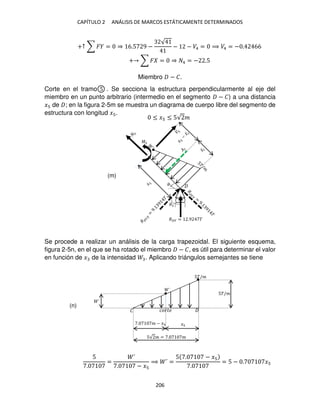 CAPÍTULO 2 ANÁLISIS DE MARCOS ESTÁTICAMENTE DETERMINADOS
206
+↑ ∑ � = ⇒ 6.5 9 −
√
− − �4 = ⟹ �4 = − . 66
+ ∑ � = ⇒ 4 = − .5
Miembro − �.
Corte en el tramo . Se secciona la estructura perpendicularmente al eje del
miembro en un punto arbitrario (intermedio en el segmento − �) a una distancia
� de ; en la figura 2-5m se muestra un diagrama de cuerpo libre del segmento de
estructura con longitud � .
Se procede a realizar un análisis de la carga trapezoidal. El siguiente esquema,
figura 2-5n, en el que se ha rotado el miembro − �, es útil para determinar el valor
en función de � de la intensidad . Aplicando triángulos semejantes se tiene
�
��� = .9 �
�
�
≤ � ≤ 5√ �
5
� �����
5�/�
´
5�/�
´
5√ � = . �
. � − � �
5
.
=
´
. − �
⟹ ´ =
5 . − �
.
= 5 − . �
(m)
(n)
 