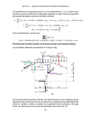 CAPÍTULO 2 ANÁLISIS DE MARCOS ESTÁTICAMENTE DETERMINADOS
213
Los sentidos que se propusieron para �� y sus componentes ��� y �� tuvieron que
invertirse ya que se obtuvieron magnitudes negativas en ellas. Para las siguientes
dos ecuaciones deben usarse los sentidos correctos.
+ ∑ � = ⇒ − 5. 5 − . 5 + �� = ⇒ �� = . 9 ⇒∴ �� = . 9�
↑ + ∑ � = ⇒ − .55 5 − − 6 − 5.599 + ��� =
��� = . 5 ⇒∴ ��� = . 5 �
Como comprobación, se tiene que
+ ∑ �� =
+ 5.599 . 5 + . 5 + 6 9 − . 9 − . 5 ≈ ��
Funciones de la fuerza cortante, de la fuerza normal y del momento flector
Los resultados obtenidos se presentan en la figura 2-6g.
Las funciones de las acciones internas son discontinuas en � por cualquiera de las
siguientes dos razones que ocurren en ese punto: la magnitud de la carga distribuida
uniforme cambia y existe un cambio en la geometría de la estructura. De igual
forma, son discontinuas en el punto de aplicación de la fuerza de �.
�
�
�
�/�
6�/�
°
�
�
� 6�
�
�
�
�1
�
�
�̅1 = � �
̅ = �
��� = .55 5�
�� = 5. 5�
�
�1 = �
� = 6�
�� = . 9�
��� = . 5 �
�
� = . 5 �
� = 5.599 �
�1 �
(g)
 