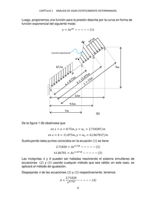CAPÍTULO 1 ANÁLISIS DE VIGAS ESTÁTICAMENTE DETERMINADAS
8
Luego, proponemos una función para la presión descrita por la curva en forma de
función exponencial del siguiente modo:
� = ����
− − − − −
De la figura 1-2b obsérvese que
� � = � = . 5�, � = 1 = . �/�
� � = = . 5�, � = 2 = 6 . 6 �/�
Sustituyendo tales puntos conocidos en la ecuación se tiene
. = �� .7 �
− − − − −
6 . 6 = ��11. 7 �
− − − − −
Las incógnitas � y pueden ser halladas resolviendo el sistema simultáneo de
ecuaciones y usando cualquier método que sea válido; en este caso, se
aplicará el método de igualación.
Despejando � de las ecuaciones y respectivamente, tenemos
� =
.
� .7 �
− − − − −
�/�
�
9�
�
�
�
��ó �� � � ���
�
9.5�
(b)
 