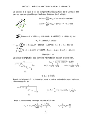 CAPÍTULO 2 ANÁLISIS DE MARCOS ESTÁTICAMENTE DETERMINADOS
217
De acuerdo a la figura 2-6n, las componentes rectangulares de la fuerza de �
para los ejes que coinciden con las líneas de acción de y � son
sin 5 ° =
�1�
�
⇒ �1� = � sin 5 ° = .66 �
cos 5 ° =
�1
�
⇒ �1 = � cos 5 ° = 6. �
+ ∑ ������ = ⇒ − . 9�2 + . 965�2 + 6. �2 − . − � =
� = . �2 − . 55
+ ∑ � = ⇒ . 9 − . 965 − 6. + � = ⇒ � = .
+ ∑ � = ⇒ 6. 5 + . − .66 + = ⇒ = −69.
Miembro − �.
Se calcula la longitud de este elemento inclinado con base en la figura 2-6ñ.
�−� = √ 6� 2 + � 2 = √ �
sin� =
√
=
√
cos � =
6
√
=
√
≤ � ≤ √ �
A partir de la figura 2-6o, la distancia � sobre la cual se extiende la carga distribuida
uniforme cortada es
cos � =
�
�
⇒ � = � cos � =
√
�
La fuerza resultante de tal carga y su ubicación son
�2� = 6�/� (
√
� ) =
9√
5
� �̅�� = � =
�
5 °
6�
�
� �
�
����� �
(n)
(ñ)
(o)
 