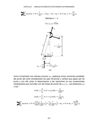 CAPÍTULO 2 ANÁLISIS DE MARCOS ESTÁTICAMENTE DETERMINADOS
222
+ ∑ ������ = ⇒ �1 − �1 − − �2 = ⇒ �2 = − �1
Miembro � − �
≤ �2 ≤ √5 �
Como únicamente nos interesa conocer � , podemos tomar momentos alrededor
del punto del corte considerando los ejes horizontal y vertical que pasan por tal
punto y con ello evitar el descomponer a las reacciones en sus componentes
rectangulares que coinciden con las líneas de acción de y � . Las distancias � y
son
� �1 =
�2
⇒ = �2 � �1 =
√5
�2
�� �1 =
�
�2
⇒ � = �2�� �1 =
√5
�2
+ ∑ ������ = ⇒ ( ) (
√5
�2) +
9
(
√5
�2) − � = ⇒ � =
√5
59
�2
�
�
= (
√5
⁄ ) �2
� =
√5
�2
�� =
9
�� =
�
(w)
 