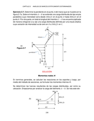 CAPÍTULO 2 ANÁLISIS DE MARCOS ESTÁTICAMENTE DETERMINADOS
230
Ejercicio 2.7. Determine la pendiente en el punto � del marco que se muestra en la
figura 2-7a. Sobre el miembro � − se extiende una carga distribuida de tipo enjuta
parabólica cuya intensidad varía desde / � en el punto � hasta / � en el
punto . Por otra parte, en toda la longitud del miembro � − se encuentra aplicada
de manera ortogonal a su eje una carga distribuida definida por una enjuta elíptica
cuya variación de intensidad va de cero en a 5 / � en �.
SOLUCIÓN
Momentos reales �
En terminos generales, se calculan las reacciones en los soportes y luego, por
medio del método de secciones, se formulan los momentos internos �.
Se determinan las fuerzas resultantes de las cargas distribuidas, así como su
ubicación. Empezamos por analizar la carga del elemento � − . Se rota este ele-
Figura 2-7
(a)
(b)
 