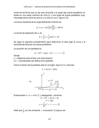CAPÍTULO 2 ANÁLISIS DE MARCOS ESTÁTICAMENTE DETERMINADOS
231
mento de tal forma que su eje sea horizontal y la carga tipo enjuta parabólica se
divide en una carga uniforme de / � y una carga de enjuta parabólica cuya
intensidad ahora varíe de cero en � a 6 / � en , figura 2-7b.
La fuerza resultante de la carga distribuida uniforme es
�� = �� = 6 � (
�
) =
y el punto de aplicación de �� es
�̅� = � = 6 � = �
Se sigue el siguiente procedimiento para determinar el área bajo la curva y el
centroide del área de una enjuta parabólica.
La ecuación de una parábola es
� − ℎ 2
= � − � − − − −
Donde
= Distancia entre el foco y la recta directriz
ℎ,� = Coordenadas del vértice de la parábola
Como el vértice de la parábola está en el origen, figura 2-7c, entonces
� = ℎ, � = ,
Sustituyendo ℎ = � = en y despejando � tenemos
� − 2
= � −
�2
= �
� = �2
− − − −
Dado que
1
2�
es una constante �, la ecuación pasa a ser
,
(c)
 