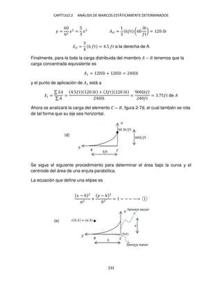 CAPÍTULO 2 ANÁLISIS DE MARCOS ESTÁTICAMENTE DETERMINADOS
233
� =
6
62
�2
=
5
�2
��� = 6 � (6
�
) =
�̅�� = 6 � = .5 � a la derecha de A
Finalmente, para la toda la carga distribuida del miembro � − tenemos que la
carga concentrada equivalente es
�1 = + =
y el punto de aplicación de �1 está a
�̅1 =
∑ �̅�
∑ �
=
.5 � + �
=
9 �
�
= . 5 � de �
Ahora se analizará la carga del elemento � − , fgura 2-7d, el cual también se rota
de tal forma que su eje sea horizontal.
Se sigue el siguiente procedimiento para determinar el área bajo la curva y el
centroide del área de una enjuta parabólica.
La ecuación que define una elipse es
� − ℎ 2
�2
+
� − � 2
2
= − − − −
,
(d)
(e)
 