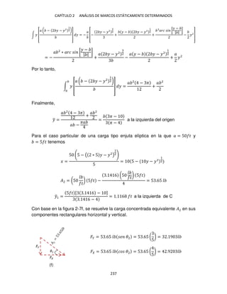 CAPÍTULO 2 ANÁLISIS DE MARCOS ESTÁTICAMENTE DETERMINADOS
237
∫ � [
� ( − � − �2
1
2)
] � = −
�
[−
� − �2 2
+
� − � − �2
1
2
+
��� � [
� −
| |
]
− �2
]
= −
� 2
∗ ��� � [
� −
| |
]
+
� � − �2 2
−
� � − � − �2
1
2
+
�
�2
Por lo tanto,
∫ � [
� ( − � − �2
1
2)
] � =
� 2
− �
+
� 2
Finalmente,
�
̅ =
� 2
− �
+
� 2
� −
��
=
� −
� −
a la izquierda del origen
Para el caso particular de una carga tipo enjuta elíptica en la que � = 5 � y
= 5 � tenemos
� =
5 5 − ( ∗ 5 � − �2
)
1
2
5
= 5 − � − �2
1
2
�2 = (5
�
) 5 � −
. 6 (5
�
) 5 �
= 5 .65
�
̅1 =
5 � [ . 6 − ]
. 6 −
= . 6 � a la izquierda de C
Con base en la figura 2-7f, se resuelve la carga concentrada equivalente �2 en sus
componentes rectangulares horizontal y vertical.
�� = 5 .65 � �2 = 5 .65 (
5
) = . 9
� = 5 .65 �� �2 = 5 .65 (
5
) = .9
(f)
 