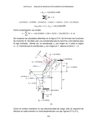 CAPÍTULO 2 ANÁLISIS DE MARCOS ESTÁTICAMENTE DETERMINADOS
239
∴ �� = 6.5 5
+ ∑ �� =
− . 9 − . 9 − .9 − . 65 − − . 5 + . 9
+�� = ⇒∴ �� = 6.
Como comprobación, se cumple
+ ∑ � = − 6. 5 + + .9 − 6.5 5 55 = ��
Se muestran los resultados obtenidos en la figura 2-7h. Se formulan las funciones
de momento �. Se debe usar una coordenada para la columna y otra distinta para
la viga inclinada. Siendo así, la coordenada �1 con origen en � cubre la región
� − , mientras que la coordenada �1 con origen en � abarca el tramo � − .
Como en ambos miembros no hay discontinuidad de carga, sólo se requerirá de
efectuar en cada miembro un corte perpendicular a su eje, figuras 2-7i y 2-7j.
(h)
 