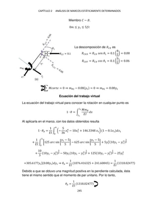 CAPÍTULO 2 ANÁLISIS DE MARCOS ESTÁTICAMENTE DETERMINADOS
245
Miembro � − .
� ≤ �1 ≤ 5 �
La descomposición de �� es
�� = �� � �1 = . (
5
) = .
�� � = �� �� �1 = . (
5
) = . 6
+ ∑ ������ = ⇒ ��2 − . �1 = ⇒ ��2 = . �1
Ecuación del trabajo virtual
La ecuación del trabajo virtual para conocer la rotación en cualquier punto es
∙ � = ∫
���
��
�
�2
�
Al aplicarla en el marco, con los datos obtenidos resulta
∙ �� =
��
∫ (−
5
6
�1
4
− �1
2
+ 6. �1) − . �1 �1
6
+
��
∫ [ 5 ��� sin [
�1 − 5
5
] − 6 5 ��� sin [
�1 − 5
5
] + 5�1
2
�1 − �1
2
1
2
+ �1 − �1
2 2 − 5 �1 �1 − �1
2
1
2 + 5 �1 − �1
2
1
2 − 5�1
2
+ 5.6 �1] . �1 �1 ⇒ �� =
��
6. 6 5 + .6 5 =
��
.
Debido a que se obtuvo una magnitud positiva en la pendiente calculada, ésta
tiene el mismo sentido que el momento de par unitario. Por lo tanto,
�� =
��
.
(o)
 