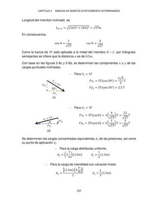 CAPÍTULO 2 ANÁLISIS DE MARCOS ESTÁTICAMENTE DETERMINADOS
247
Longitud del miembro inclinado es
�−� = √ � 2 + � 2 = √ �
En consecuencia,
� � =
√
�� � =
√
Como la fuerza de � está aplicada a la mitad del miembro − �, por triángulos
semejantes se infiere que la distancia � es de .5�.
Con base en las figuras 2-8c y 2-8d, se determinan las componentes � y � de las
cargas puntuales inclinadas.
- Para �1 = 5�
��1 = 5� sen ° = .5 �
- Para �2 = �
��2 = � sen � = (
√
) � =
√
�
Se determinan las cargas concentradas equivalentes �� de las presiones, así como
su punto de aplicación �̅�.
- Para la carga distribuida uniforme.
�1 = (
�
�
) .5� �̅1 = .5�
- Para la carga de intendidad con variación lineal.
�2 =
[ .5�
�
� ]
�̅2 = .5�
��
��
°
��
��
�
��1 = 5� cos ° =
5√
�
��2 = � cos � = (
√
) � =
√
�
(c)
(d)
 