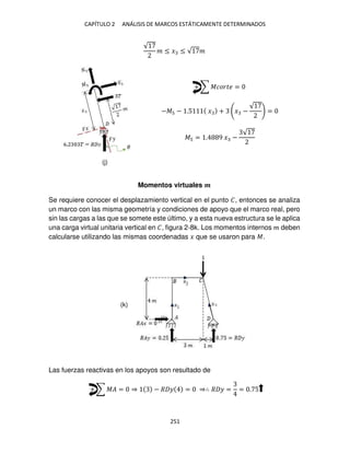 CAPÍTULO 2 ANÁLISIS DE MARCOS ESTÁTICAMENTE DETERMINADOS
251
√
� ≤ � ≤ √ �
+ ∑ ������ =
−� − .5 � + � −
√
=
� = . 9 � −
√
Momentos virtuales �
Se requiere conocer el desplazamiento vertical en el punto �, entonces se analiza
un marco con las misma geometría y condiciones de apoyo que el marco real, pero
sin las cargas a las que se somete este último, y a esta nueva estructura se le aplica
una carga virtual unitaria vertical en �, figura 2-8k. Los momentos internos � deben
calcularse utilizando las mismas coordenadas � que se usaron para �.
Las fuerzas reactivas en los apoyos son resultado de
+ ∑ �� = ⇒ − � � = ⇒∴ � � = = . 5
(j)
(k)
 