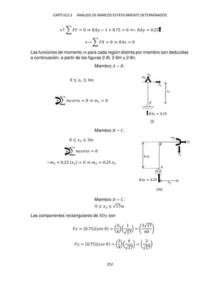 CAPÍTULO 2 ANÁLISIS DE MARCOS ESTÁTICAMENTE DETERMINADOS
252
+↑ ∑ � = ⇒ ��� − + . 5 = ⇒∴ ��� = . 5
+ ∑ � = ⇒ ��� =
Las funciones de momento � para cada región distinta por miembro son deducidas
a continuación, a partir de las figuras 2-8l, 2-8m y 2-8n.
Miembro � − .
≤ �1 ≤ �
+ ∑ ������ = ⇒ �1 =
Miembro − �.
≤ �2 ≤ �
+ ∑ ������ =
−�2 + . 5 �2 = ⇒ �2 = . 5 �2
Miembro − �.
≤ � ≤ √ �
Las componentes rectangulares de � � son
�� = . 5 � � = ( ) (
√
) =
√
6
�� = . 5 �� � = ( ) (
√
) = (
√
)
(l)
(m)
 