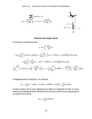 CAPÍTULO 2 ANÁLISIS DE MARCOS ESTÁTICAMENTE DETERMINADOS
253
+ ∑ ������ =
−� −
√
6
� ⇒ � = −
√
6
�
Ecuación del trabajo virtual
Con base en los datos se tiene
∙ ∆= ∫
��
��
�
�2
�
∙ ���
��
∫ . 9 �1 �1
4
+
��
∫ (− �2
2
+ .99 �2 + 5.6 )
2
. 5�2 �2
+
��
∫ [− (
9
) �2 − 5 − .5 �2 + 9. 5 ] . 5�2 �2
2
El desplazamiento vertical de � es entonces
��� =
��
[ + .6 + . + . + .6 9] =
��
[6. 5 ]
El signo positivo de la suma algebraica de todas las integrales de todo el marco
indica que el desplazamiento calculado tiene el mismo sentido que el supuesto para
la carga virtual unitaria.
∴ ��� =
��
[6. 5 ] ↓
��
∫ (− .5 � )
√17
2
−
√
6
� � + +
��
∫ . 9 � −
√
−
√
6
� �
√17
√17
2
(n)
 
