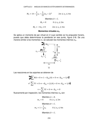 CAPÍTULO 2 ANÁLISIS DE MARCOS ESTÁTICAMENTE DETERMINADOS
259
� = − �2 −
5
�2 − � ≤ �2 ≤ �
Miembro − �.
�4 = ≤ � ≤ �
� = − � + � ≤ � ≤ �
Momentos virtuales ��
Se aplica un momento de par virtual en cuyo sentido se ha propuesto horario,
puesto que debe determinarse la pendiente en ese punto, figura 2-9i. De una
manera similar a los momentos �, se calculan los momentos internos ��.
Las reacciones en los soportes se obtienen de
+ ∑ �� = ⇒ − �� = ⇒∴ �� = /
+↑ ∑ � = ⇒ −�� + / = ⇒∴ �� = /
+ ∑ � = ⇒∴ ��� =
Nuevamente por inspección, los momentos internos �� son
Miembro � − .
�1 = ≤ �1 ≤ �
Miembro − �.
�2 = − �2 ≤ �2 ≤ �
Miembro − �.
�� =
�� =
�
�
�
�
�
�1
�2
�
��� =
(i)
 