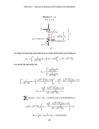 CAPÍTULO 2 ANÁLISIS DE MARCOS ESTÁTICAMENTE DETERMINADOS
265
Miembro � − .
≤ � ≤
La carga concentrada equivalente de la carga distribuida seccionada es
��� = ∫
√5 − �
� = [− 5 − �
1
2]
�
= √5 − √5 − �
�
y su punto de aplicación es
�̅��� =
∫
�
√5 − �
�
�
∫
√5 − �
�
�
∫
�
√5 − �
�
�
= [−
(√5 − �) � + 5
]
�
=
5√5
−
(√5 − � ) � + 5
∴ �̅��� =
5√5
−
(√5 − � ) � + 5
√5 − √5 − �
+ ∑ ������ = ⇒ −� + . 6 + . 6 9 �
+(√5 − √5 − � ) (� −
5√5
−
(√5 − � ) � + 5
√5 − √5 − �
) =
� = 5 − � 2 + � + .
(f)
 