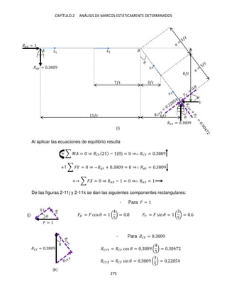 CAPÍTULO 2 ANÁLISIS DE MARCOS ESTÁTICAMENTE DETERMINADOS
275
+ ∑ �� = ⇒ ��� − = ⇒∴ ��� = . 9
+↑ ∑ � = ⇒ −��� + . 9 = ⇒∴ ��� = . 9
+ ∑ � = ⇒ �� − = ⇒∴ �� =
De las figuras 2-11j y 2-11k se dan las siguientes componentes rectangulares:
- Para � =
� ´ = � cos � = (
5
) = . ��´ = � sin � = (
5
) = .6
- Para ��� = . 9
���� = ��� cos � = . 9 (
5
) = .
�
� =
�
��� = . 9
�
5 � 6 �
�
�
�
�
��� = . 9
��� = . 9
�
�� =
�1 �2
�
�
(i)
Al aplicar las ecuaciones de equilibrio resulta
��� = ��� sin � = . 9 (
5
) = . 5
(j)
(k)
 
