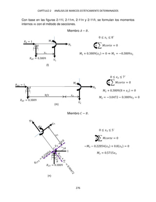 CAPÍTULO 2 ANÁLISIS DE MARCOS ESTÁTICAMENTE DETERMINADOS
276
Con base en las figuras 2-11l, 2-11m, 2-11n y 2-11ñ, se formulan los momentos
internos � con el método de secciones.
Miembro � − .
≤ �1 ≤ ´
+ ∑ ������ =
�1 + . 9 �1 = ⇒ �1 = − . 9�1
Miembro � − .
≤ � ≤ 5´
+ ∑ ������ =
−� − . 5 � + . � =
� = .5 5�
�
��� = . 9
�1
�� =
�1
1
�1
�
��� = . 9
�� =
�2
�
�2
2
�2
�
��� = . 9
�
�
≤ �2 ≤ ´
+ ∑ ������ =
�2 + . 9 + �2 =
�2 = − . − . 9�2 =
(l)
(m)
(n)
 