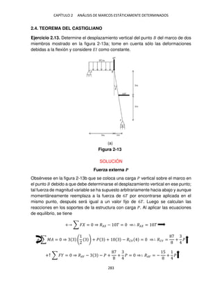 CAPÍTULO 2 ANÁLISIS DE MARCOS ESTÁTICAMENTE DETERMINADOS
283
2.4. TEOREMA DEL CASTIGLIANO
Ejercicio 2.13. Determine el desplazamiento vertical del punto del marco de dos
miembros mostrado en la figura 2-13a; tome en cuenta sólo las deformaciones
debidas a la flexión y considere �� como constante.
SOLUCIÓN
Fuerza externa �
Obsérvese en la figura 2-13b que se coloca una carga � vertical sobre el marco en
el punto debido a que debe determinarse el desplazamiento vertical en ese punto;
tal fuerza de magnitud variable se ha supuesto arbitrariamente hacia abajo y aunque
momentáneamente reemplaza a la fuerza de 6� por encontrarse aplicada en el
mismo punto, después será igual a un valor fijo de 6�. Luego se calculan las
reacciones en los soportes de la estructura con carga �. Al aplicar las ecuaciones
de equilibrio, se tiene
+ ∑ � = ⇒ �� − � = ⇒∴ �� = �
+ ∑ �� = ⇒ + � + − ��� = ⇒∴ ��� = + �
+↑ ∑ � = ⇒ ��� − − � + + � = ⇒∴ ��� = −
5
+ �
Figura 2-13
(a)
 
