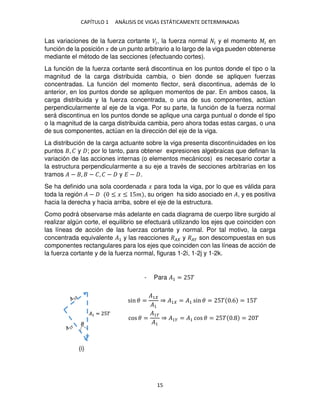 CAPÍTULO 1 ANÁLISIS DE VIGAS ESTÁTICAMENTE DETERMINADAS
15
Las variaciones de la fuerza cortante ��, la fuerza normal � y el momento �� en
función de la posición � de un punto arbitrario a lo largo de la viga pueden obtenerse
mediante el método de las secciones (efectuando cortes).
La función de la fuerza cortante será discontinua en los puntos donde el tipo o la
magnitud de la carga distribuida cambia, o bien donde se apliquen fuerzas
concentradas. La función del momento flector, será discontinua, además de lo
anterior, en los puntos donde se apliquen momentos de par. En ambos casos, la
carga distribuida y la fuerza concentrada, o una de sus componentes, actúan
perpendicularmente al eje de la viga. Por su parte, la función de la fuerza normal
será discontinua en los puntos donde se aplique una carga puntual o donde el tipo
o la magnitud de la carga distribuida cambia, pero ahora todas estas cargas, o una
de sus componentes, actúan en la dirección del eje de la viga.
La distribución de la carga actuante sobre la viga presenta discontinuidades en los
puntos , � y ; por lo tanto, para obtener expresiones algebraicas que definan la
variación de las acciones internas (o elementos mecánicos) es necesario cortar a
la estructura perpendicularmente a su eje a través de secciones arbitrarias en los
tramos � − , − �, � − y � − .
Se ha definido una sola coordenada � para toda la viga, por lo que es válida para
toda la región � − ≤ � ≤ 5� , su origen ha sido asociado en �, y es positiva
hacia la derecha y hacia arriba, sobre el eje de la estructura.
Como podrá observarse más adelante en cada diagrama de cuerpo libre surgido al
realizar algún corte, el equilibrio se efectuará utilizando los ejes que coinciden con
las líneas de acción de las fuerzas cortante y normal. Por tal motivo, la carga
concentrada equivalente �1 y las reacciones �� y ��� son descompuestas en sus
componentes rectangulares para los ejes que coinciden con las líneas de acción de
la fuerza cortante y de la fuerza normal, figuras 1-2i, 1-2j y 1-2k.
- Para �1 = 5�
�
�1 = 5�
sin � =
�1
�1
⇒ �1 = �1 sin � = 5� .6 = 5�
cos � =
�1�
�1
⇒ �1� = �1 cos � = 5� . = �
(i)
 