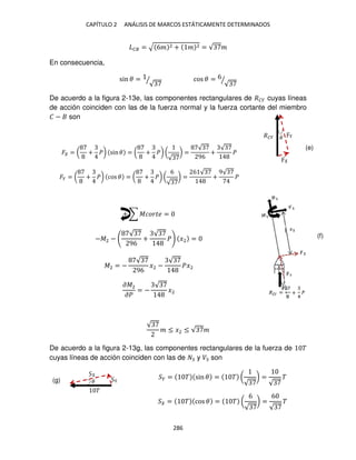 CAPÍTULO 2 ANÁLISIS DE MARCOS ESTÁTICAMENTE DETERMINADOS
286
�� = √ 6� 2 + � 2 = √ �
En consecuencia,
sin � =
√
⁄ cos � = 6
√
⁄
De acuerdo a la figura 2-13e, las componentes rectangulares de ��� cuyas líneas
de acción coinciden con las de la fuerza normal y la fuerza cortante del miembro
� − son
� = ( + �) sin� = ( + �) (
√
) =
√
96
+
√
�
�� = ( + �) cos � = ( + �) (
6
√
) =
6 √
+
9√
�
+ ∑ ������ =
−�2 −
√
96
+
√
� �2 =
�2 = −
√
96
�2 −
√
��2
��2
��
= −
√
�2
√
� ≤ �2 ≤ √ �
De acuerdo a la figura 2-13g, las componentes rectangulares de la fuerza de �
cuyas líneas de acción coinciden con las de y � son
� = � sin � = � (
√
) =
√
�
= � cos� = � (
6
√
) =
6
√
�
�
���
�
�
(e)
(f)
(g)
 