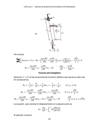 CAPÍTULO 2 ANÁLISIS DE MARCOS ESTÁTICAMENTE DETERMINADOS
287
Por lo tanto,
+ ∑ ������ = ⇒ −� −
√
96
+
√
� �2 + (
6
√
) �2 −
√
=
� =
9 √
96
�2 −
√
��2 −
��
��
= −
√
�2
Teorema del Castigliano
Hacemos � = 6� en las ecuaciones de momento, debido a que ese es su valor real.
En consecuencia,
�1 = − �1
2
−
5
�1 + 6 �1 = − �1
2
− �1 ≤ �1 ≤ �
�2 = −
√
96
�2 −
√
6 �2 = −
√
96
�2 ≤ �2 ≤
√
�
� =
9 √
96
�2 −
√
6 �2 − =
5 √
96
�2 −
√
� ≤ �2 ≤ √ �
La ecuación para conocer el desplazamiento en cualquier punto es
∆=
� �
���
= ∫ � (
��
��
)
�
��
�2
�
Al aplicarla, tenemos
(h)
 