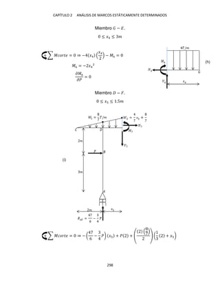 CAPÍTULO 2 ANÁLISIS DE MARCOS ESTÁTICAMENTE DETERMINADOS
298
Miembro − �.
≤ �4 ≤ �
+ ∑ ������ = ⇒ − �4
�4
− �6 =
�6 = − �4
2
��6
��
=
Miembro − �.
≤ � ≤ .5�
+ ∑ ������ = ⇒ − (
6
− �) � + � + ( + � )
(h)
(i)
 
