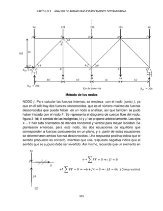 CAPÍTULO 3 ANÁLISIS DE ARMADURAS ESTÁTICAMENTE DETERMINADAS
303
Método de los nodos
NODO . Para calcular las fuerzas internas, se empieza con el nodo (junta) , ya
que en él sólo hay dos fuerzas desconocidas, que es el número máximo de fuerzas
desconocidas que puede haber en un nodo a analizar, así que también se pudo
haber iniciado con el nodo �. Se representa el diagrama de cuerpo libre del nodo,
figura 3-1d; el sentido de las incógnitas � y � se propone arbitrariamente. Los ejes
− han sido orientados de manera horizontal y vertical para mayor facilidad. Se
plantearon entonces, para este nodo, las dos ecuaciones de equilibrio que
corresponden a fuerzas concurrentes en un plano, y a partir de estas ecuaciones
se determinaron ambas fuerzas desconocidas. Una respuesta positiva indica que el
sentido propuesto es correcto, mientras que una respuesta negativa indica que el
sentido que se supuso debe ser invertido. Así mismo, recuerde que un elemento en
+ ∑ � = ⇒∴ � =
+↑ ∑ � = ⇒ −6 + � = ⇒∴ � = 6� ��� �� �ó
� � �
�
�
�
6� 6�
� � �
� � �
6´
6´
6´ 6´ 6´
� � � �����í�
�� =
�� = �
�� = �
�
�
�
� �
(c)
(d)
 