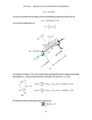 CAPÍTULO 1 ANÁLISIS DE VIGAS ESTÁTICAMENTE DETERMINADAS
17
≤ � ≤ 6. 5�
La fuerza resultante de la carga uniforme distribuida gravitacional del corte es
�1� = �/� � = �
y su punto de aplicación es
�̅� = � =
�
Con base en la figura 1-2m, las componentes rectangulares de la carga concentrada
equivalente �1� cuyas líneas de acción coinciden con las de 1 y �1 son
El equilibrio estático del cuerpo libre implica que
+ ∑ ������ =
�
�1� = �
�
� � = �
�
�� = 9 . �. �
�
�/�
sin � =
�1�
�1�
⇒ �1� = �1� sin � = � .6 = . �
cos � =
�1��
�1�
⇒ �1�� = �1� cos � = � . = . �
(l)
(m)
 