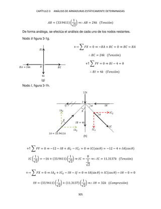 CAPÍTULO 3 ANÁLISIS DE ARMADURAS ESTÁTICAMENTE DETERMINADAS
305
� = .9 (
√
) ⇒∴ � = � �� �ó
De forma análoga, se efectúa el análisis de cada uno de los nodos restantes.
Nodo figura 3-1g.
+ ∑ � = ⇒ − � + � = ⇒ � = �
∴ � = � �� �ó
+↑ ∑ � = ⇒ � − =
∴ � = � �� �ó
Nodo �, figura 3-1h.
+↑ ∑ � = ⇒ − − � + ��� − ��� = ⇒ �� sin � = − − + �� cos �
�� (
√
) = − 6 + .9 (
√
) ⇒ �� =
√
⇒∴ �� = . � �� �ó
+ ∑ � = ⇒ �� + �� − �� − � = ⇒ �� sin � + �� cos � − �� − =
�� = .9 (
√
) + . (
√
) ⇒∴ �� = � ��� �� �ó
(g)
(h)
 