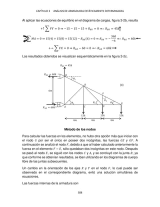 CAPÍTULO 3 ANÁLISIS DE ARMADURAS ESTÁTICAMENTE DETERMINADAS
308
Al aplicar las ecuaciones de equilibrio en el diagrama de cargas, figura 3-2b, resulta
+↑ ∑ � = ⇒ − 5 − 5 − 5 + ��� = ⇒∴ ��� = 5�
+ ∑ �� = ⇒ 5 + 5 + 5 − �� 6 = ⇒ �� = −
6
−6
⇒∴ �� = 6 �
+ ∑ � = ⇒ �� − 6 = ⇒∴ �� = 6 �
Los resultados obtenidos se visualizan esquemáticamente en la figura 3-2c.
Método de los nodos
Para calcular las fuerzas en los elementos, no hubo otra opción más que iniciar con
el nodo por ser el único en poseer dos incógnitas, las fuerzas � y �. A
continuación se analizó el nodo �, debido a que al haber calculado anteriormente la
fuerza en el elemento � − �, sólo quedaban dos incógnitas en este nodo. Después
se pasó al nodo �, se siguió con los nodos � y �, y se concluyó con la junta , ya
que conforme se obtenían resultados, se iban utilizando en los diagramas de cuerpo
libre de las juntas subsecuentes.
Un cambio en la orientación de los ejes y en el nodo �, lo cual puede ser
observado en el correspondiente diagrama, evitó una solución simultánea de
ecuaciones.
Las fuerzas internas de la armadura son
� � �
5� 5� 5�
6�
� � �
�
�1
�
�
�
��� = 5�
� = 6 �
�� = 6 �
�
(c)
 