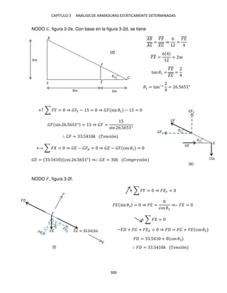 CAPÍTULO 3 ANÁLISIS DE ARMADURAS ESTÁTICAMENTE DETERMINADAS
309
NODO , figura 3-2e. Con base en la figura 3-2d, se tiene
�
̅̅̅̅
�
̅̅̅̅
=
��
̅̅̅̅
�
̅̅̅̅
⇒
6
=
��
̅̅̅̅
��
̅̅̅̅ =
6
= �
tan �1 =
��
̅̅̅̅
�
̅̅̅̅
=
�1 = tan−1
= 6.565 °
+↑ ∑ � = ⇒ �� − 5 = ⇒ � sin �1 − 5 =
� sin 6.565 ° = 5 ⇒ � =
5
sin 6.565 °
∴ � = .5 � �� �ó
+ ∑ � = ⇒ � − � = ⇒ � − � cos �1 =
NODO �, figura 3-2f.
+ ∑ � = ⇒ ��� =
�� sin � = ⇒ �� =
cos �
⇒∴ �� =
+ ∑ � =
−� + � + �� = ⇒ � = � + �� cos �
� = .5 + cos �
∴ � = .5 � �� �ó
� = .5 cos 6.565 ° ⇒∴ � = � ��� �� �ó
(d)
(e)
(f)
 
