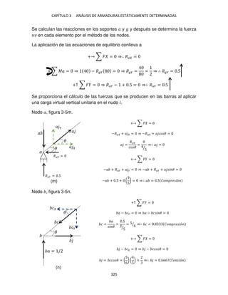 CAPÍTULO 3 ANÁLISIS DE ARMADURAS ESTÁTICAMENTE DETERMINADAS
325
Se calculan las reacciones en los soportes � y � y después se determina la fuerza
� en cada elemento por el método de los nodos.
La aplicación de las ecuaciones de equilibrio conlleva a
+ ∑ � = ⇒∴ �� =
+ ∑ �� = ⇒ − � � = ⇒ � � = = ⇒ ∴ � � = .5
+↑ ∑ � = ⇒ ��� − + .5 = ⇒∴ ��� = .5
Se proporciona el cálculo de las fuerzas que se producen en las barras al aplicar
una carga virtual vertical unitaria en el nudo �.
Nodo �, figura 3-5m.
+ ∑ � =
−�� + � = ⇒ −�� + � �� � =
� =
��
�� �
=
5
⁄
⇒∴ � =
+ ∑ � =
−� + ��� + � � = ⇒ −� + ��� + � � � =
−� + .5 + (
5
) = ⇒∴ � = .5 ��� �� �ó
Nodo , figura 3-5n.
+↑ ∑ � =
� − �� = ⇒ � − � � � =
� =
�
� �
=
.5
5
⁄
= 5
6
⁄ ⇒∴ � = . ��� �� �ó
+ ∑ � =
− � = ⇒ − ��� � =
= ��� � = (
5
6
) (
5
) = ⇒∴ = .666 �� �ó
�
�
�� = .5
�� =
�
�
�
�
� �
�
�
�
��
� = /
�
(m)
(n)
 