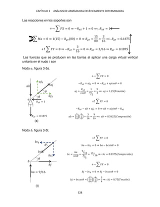 CAPÍTULO 3 ANÁLISIS DE ARMADURAS ESTÁTICAMENTE DETERMINADAS
328
Las reacciones en los soportes son
+ ∑ � = ⇒ −�� + = ⇒∴ �� =
+ ∑ �� = ⇒ 5 − � � = ⇒ � � =
5
=
6
⇒∴ � � = . 5
+↑ ∑ � = ⇒ −��� +
6
= ⇒ ��� = / 6 ⇒ ��� = . 5
Las fuerzas que se producen en las barras al aplicar una carga virtual vertical
unitaria en el nudo � son
Nodo �, figura 3-5s.
+ ∑ � =
−�� + � = ⇒ −�� + � �� � =
� =
��
�� �
=
5
⁄
=
5
⇒∴ � = . 5 �� �ó
+↑ ∑ � =
−��� − � + � � = ⇒ � = � � � − ���
� = (
5
) (
5
) −
6
=
9
6
⇒∴ � = .56 5 ��� �� �ó
Nodo , figura 3-5t.
+↑ ∑ � =
� − �� = ⇒ � − � � � =
� =
�
� �
=
9
6
⁄
5
⁄
= 5
6
⁄ ⇒∴ � = .9 5 ��� �� �ó
+ ∑ � =
− � = ⇒ − ��� � =
= ��� � = (
5
6
) (
5
) = ⇒∴ = . 5 �� �ó
�
�
�� = . 5
�� =
�
�
�
�
� �
�
�
�
��
� = 9/ 6
�
(s)
(t)
 