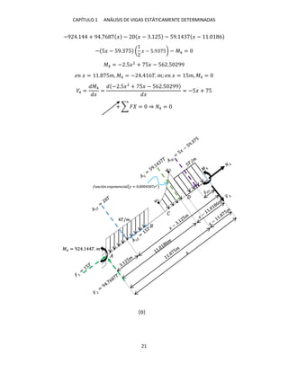 CAPÍTULO 1 ANÁLISIS DE VIGAS ESTÁTICAMENTE DETERMINADAS
21
−9 . + 9 . 6 � − � − . 5 − 59. � − . 6
− 5� − 59. 5 ( � − 5.9 5) − �4 =
�4 = − .5�2
+ 5� − 56 .5 99
� � = . 5�, �4 = − . 6�. �; � � = 5�, �4 =
�4 =
�4
�
=
− .5�2
+ 5� − 56 .5 99
�
= −5� + 5
+ ∑ � = ⇒ 4 =
�/�
�
�
��ó �� � � ��� (� = . ��
)
�� = 9 . �. �
(o)
 