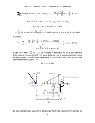 CAPÍTULO 1 ANÁLISIS DE VIGAS ESTÁTICAMENTE DETERMINADAS
30
+ ∑ ������ = ⇒ −5.6� + 5. 56 � − −
� − 2
[ � − ] − � =
� = −5.6� + 5. 5 � − 5. 5 −
6
� + �2
−
�
+
6
� = −
6
� + �2
+ .9 56� − .9
+↑ ∑ � = ⇒ −5.6 −
� − 2
+ 5. 56 − � = ⇒ � = − � + � + .9 56
o también
� =
�
�
=
−
6 � + �2
+ .9 56� − .9
�
= − �2
+ � + .9 56
+ ∑ � = ⇒ = − .
Corte en el tramo − � . Se secciona la estructura en un punto arbitrario
(intermedio en el segmento − �) a una distancia � de �; a continuación se ofrece
el diagrama de cuerpo libre que representa la porción de la estructura ubicada a la
izquierda del corte, figura 1-3l.
� ≤ � ≤ . 5�
La carga concentrada equivalente de la carga distribuida irregularmente cortada es
�/�
� �
�
�1 = .5�
�1� = 5.6�
�1 = . �
��� = 5. 5 �
Carga distribuida irregularmente
�
�4
4
�4
�
���
�̅�� � − �̅��
(l)
 