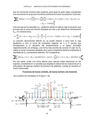 CAPÍTULO 1 ANÁLISIS DE VIGAS ESTÁTICAMENTE DETERMINADAS
38
que los momentos horarios sean positivos, pero igual se pudo haber considerado
una convención en la que los momentos antihorarios fueran los positivos. Entonces,
+ ∑ � �� = ⇒ (
5
) + (
5
) ( ) + + + 6 + .5 − ��� 5 =
∴ ��� = . 9 �
Una vez que se ha calculado ���, podemos aplicar en toda la viga la ecuación que
enuncia que la suma de fuerzas verticales es nula, y así determinar directamente
���. En consecuencia,
+↑ ∑ � = ⇒ −��� + 6 +
9
5
+
5
+
5
+ + 6 − . 9 = ⇒∴ ��� = 6.5 6 �
La reacción desconocida faltante �� se puede obtener si para toda la viga
igualamos a cero la suma de momentos respecto de � o , puntos que
corresponden a la ubicación del empotramiento y el apoyo articulado
respectivamente; sin embargo, una forma más sencilla de conocer el valor de ��
radica en tomar momentos alrededor de para el segmento derecho empleando el
resultado de ��� previamente obtenido. Por consiguiente,
+ ∑ � �� = ⇒ −�� + 6.5 6 − 6 .5 − (
9
5
) = ⇒∴ �� = . �. �
Por otra parte, existe una forma alterna para calcular todas reacciones en los
soportes, consistente en un proceso que engloba el cálculo de las reacciones en la
articulación. Se opta por explicar tal proceso más adelante, cuando se resuelve un
marco triarticulado.
Funciones de fuerza cortante, de fuerza normal y de momento
Se muestran los resultados en la figura 1-4e.
�/� �/�
�/�
� � �
� �
1 =
6
5
�/�
�1 = 6�
� =
9
5
� � =
5
�
�̅1 = .5�
� =
5
�
�6 = �
� = 6�
�
̅ = � �
̅ = �
�
̅ = / � �
̅5 = .5�
�
̅6 = �
�� =
��� = . 9 �
��� = 6.5 6 �
�� =
�� = . �. �
� �
(e)
 