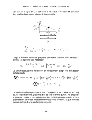 CAPÍTULO 1 ANÁLISIS DE VIGAS ESTÁTICAMENTE DETERMINADAS
48
Con base en la figura 1-6e, se determina la intensidad de momento �´ en función
de � empleando conceptos básicos de trigonometría.
9
�. �
�
5�
=
ℎ
5� − �
⇒ ℎ =
9
5
5 − � �´ = +
9
5
5 − �
Luego, el momento resultante, que puede aplicarse en cualquier punto de la viga,
es igual a la siguiente área trapezoidal
��� =
+ [ +
9
5
5 − � ]
� = [
� 5 − 9�
] + 5� = � −
9
�2
De aplicar las ecuaciones de equilibrio en el diagrama de cuerpo libre de la sección
cortada resulta
+ ∑ � ����� = ⇒ −� − � + � −
9
� = ⇒ � = − � + � −
9
�
+↑ ∑ � = − − � = ⇒ � = −
Es importante aclarar que el momento en los soportes � y no debe ser �. � y
�. �, respectivamente, y que más bien es nulo en ambos puntos. Por otra parte,
si se desea obtener el valor del cortante como la derivada del momento, la parte
que está entre paréntesis debe ser considerada como constante, ya que al final de
cuentas, se trata de una resultante de momento.
�
�. �
�
�. �
�
5�
�. �
�
9
�. �
�
�
�´
ℎ
�����
5� − �
(e)
 