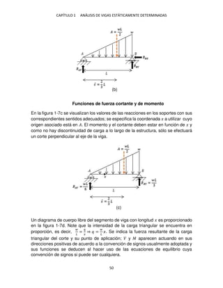 CAPÍTULO 1 ANÁLISIS DE VIGAS ESTÁTICAMENTE DETERMINADAS
50
Funciones de fuerza cortante y de momento
En la figura 1-7c se visualizan los valores de las reacciones en los soportes con sus
correspondientes sentidos adecuados; se especifica la coordenada � a utilizar cuyo
origen asociado está en �. El momento y el cortante deben estar en función de � y
como no hay discontinuidad de carga a lo largo de la estructura, sólo se efectuará
un corte perpendicular al eje de la viga.
Un diagrama de cuerpo libre del segmento de viga con longitud � es proporcionado
en la figura 1-7d. Note que la intensidad de la carga triangular se encuentra en
proporción, es decir,
�
=
�
�
⇒ =
�
�. Se indica la fuerza resultante de la carga
triangular del corte y su punto de aplicación; � y � aparecen actuando en sus
direcciones positivas de acuerdo a la convención de signos usualmente adoptada y
sus funciones se deducen al hacer uso de las ecuaciones de equilibrio cuya
convención de signos si puede ser cualquiera.
(b)
(c)
 