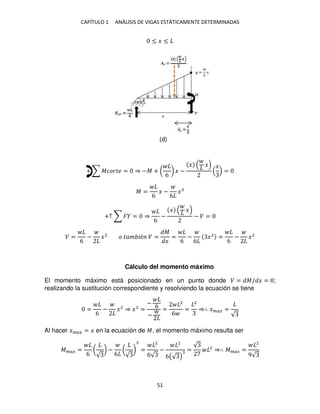 CAPÍTULO 1 ANÁLISIS DE VIGAS ESTÁTICAMENTE DETERMINADAS
51
≤ � ≤
+ ∑ ������ = ⇒ −� + (
6
) � −
� � �
=
� =
6
� −
6
�
+↑ ∑ � = ⇒
6
−
� �
− � =
� =
6
− �2
� ��� �é � =
�
�
=
6
−
6
�2
=
6
− �2
Cálculo del momento máximo
El momento máximo está posicionado en un punto donde � = �/ � = ;
realizando la sustitución correspondiente y resolviendo la ecuación se tiene
=
6
− �2
⇒ �2
=
−
6
−
=
2
6
=
2
⇒∴ ���� =
√
Al hacer ���� = � en la ecuación de �, el momento máximo resulta ser
���� =
6
(
√
) −
6
(
√
) =
2
6√
−
2
6(√ )
=
√ 2
⇒∴ ���� =
2
9√
(d)
 