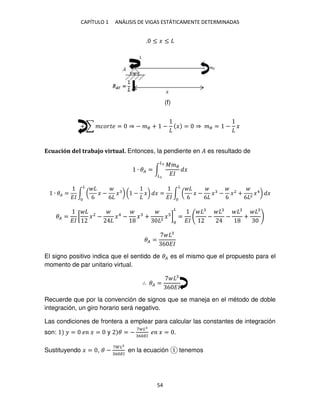 CAPÍTULO 1 ANÁLISIS DE VIGAS ESTÁTICAMENTE DETERMINADAS
54
. ≤ � ≤
+ ∑ ������ = ⇒ − �� + − � = ⇒ �� = − �
Ecuación del trabajo virtual. Entonces, la pendiente en � es resultado de
∙ �� = ∫
���
��
�
�2
�
∙ �� =
��
∫ (
6
� −
6
� ) ( − �) � =
��
∫ (
6
� −
6
� −
6
�2
+
6 2
�4
) �
�
�
�� =
��
[ �2
− �4
− � + 2
� ]
�
=
��
− − +
�� =
6 ��
El signo positivo indica que el sentido de �� es el mismo que el propuesto para el
momento de par unitario virtual.
∴ �� =
6 ��
Recuerde que por la convención de signos que se maneja en el método de doble
integración, un giro horario será negativo.
Las condiciones de frontera a emplear para calcular las constantes de integración
son: � = � � = y � = −
7 �
6 ��
� � = .
Sustituyendo � = , � −
7 �
6 ��
en la ecuación tenemos
(f)
 