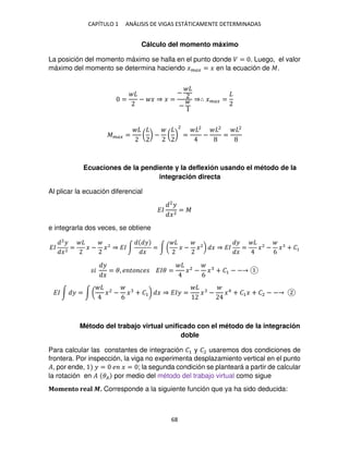 CAPÍTULO 1 ANÁLISIS DE VIGAS ESTÁTICAMENTE DETERMINADAS
68
Cálculo del momento máximo
La posición del momento máximo se halla en el punto donde � = . Luego, el valor
máximo del momento se determina haciendo ���� = � en la ecuación de �.
= − � ⇒ � =
−
−
⇒∴ ���� =
���� = ( ) − ( )
2
=
2
−
2
=
2
Ecuaciones de la pendiente y la deflexión usando el método de la
integración directa
Al plicar la ecuación diferencial
��
2
�
�2
= �
e integrarla dos veces, se obtiene
��
2
�
�2
= � − �2
⇒ �� ∫
�
�
= ∫ ( � − �2
) � ⇒ ��
�
�
= �2
−
6
� + �1
�
�
�
= �, � �� �� ��� = �2
−
6
� + �1 − −
�� ∫ � = ∫ ( �2
−
6
� + �1) � ⇒ ��� = � − �4
+ �1� + �2 − −
Método del trabajo virtual unificado con el método de la integración
doble
Para calcular las constantes de integración �1 y �2 usaremos dos condiciones de
frontera. Por inspección, la viga no experimenta desplazamiento vertical en el punto
�, por ende, � = � � = ; la segunda condición se planteará a partir de calcular
la rotación en � �� por medio del método del trabajo virtual como sigue
Momento real �. Corresponde a la siguiente función que ya ha sido deducida:
 
