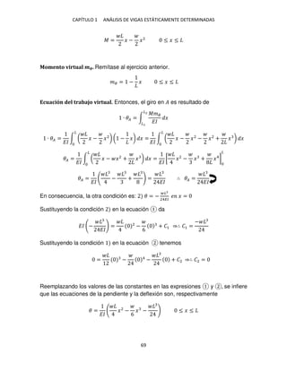 CAPÍTULO 1 ANÁLISIS DE VIGAS ESTÁTICAMENTE DETERMINADAS
69
� = � − �2
≤ � ≤
Momento virtual ��. Remítase al ejercicio anterior.
�� = − � ≤ � ≤
Ecuación del trabajo virtual. Entonces, el giro en � es resultado de
∙ �� = ∫
���
��
�
�2
�
∙ �� =
��
∫ ( � − �2
) ( − �) � =
�
��
∫ ( � − �2
− �2
+ � ) �
�
�� =
��
∫ ( � − �2
+ � ) � =
��
[ �2
− � + �4
]
�
�
�� =
��
− + =
��
∴ �� =
��
En consecuencia, la otra condición es: � = −
�
24��
� � =
Sustituyendo la condición en la ecuación da
�� −
��
= 2
−
6
+ �1 ⇒∴ �1 =
−
Sustituyendo la condición en la ecuación tenemos
= − 4
− + �2 ⇒∴ �2 =
Reemplazando los valores de las constantes en las expresiones y , se infiere
que las ecuaciones de la pendiente y la deflexión son, respectivamente
� =
��
�2
−
6
� − ≤ � ≤
 
