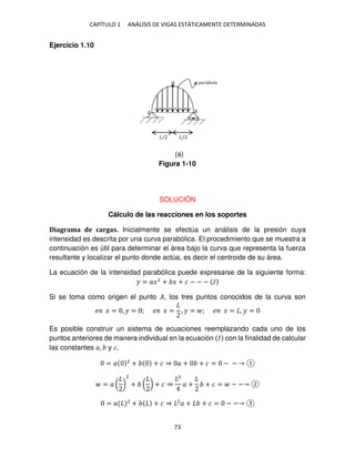 CAPÍTULO 1 ANÁLISIS DE VIGAS ESTÁTICAMENTE DETERMINADAS
73
Ejercicio 1.10
SOLUCIÓN
Cálculo de las reacciones en los soportes
Diagrama de cargas. Inicialmente se efectúa un análisis de la presión cuya
intensidad es descrita por una curva parabólica. El procedimiento que se muestra a
continuación es útil para determinar el área bajo la curva que representa la fuerza
resultante y localizar el punto donde actúa, es decir el centroide de su área.
La ecuación de la intensidad parabólica puede expresarse de la siguiente forma:
� = ��2
+ � + � − − − �
Si se toma como origen el punto �, los tres puntos conocidos de la curva son
� � = , � = ; � � = , � = ; � � = , � =
Es posible construir un sistema de ecuaciones reemplazando cada uno de los
puntos anteriores de manera individual en la ecuación � con la finalidad de calcular
las constantes �, y �.
= � 2
+ + � ⇒ � + + � = − −
= � ( )
2
+ ( ) + � ⇒
2
� + + � = − −
= � 2
+ + � ⇒ 2
� + + � = − −
/ /
�
��á � �
Figura 1-10
(a)
 
