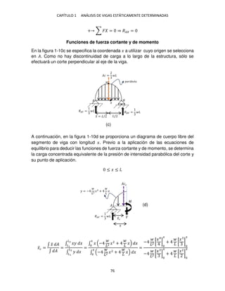 CAPÍTULO 1 ANÁLISIS DE VIGAS ESTÁTICAMENTE DETERMINADAS
76
+ ∑ � = ⇒ �� =
Funciones de fuerza cortante y de momento
En la figura 1-10c se especifica la coordenada � a utilizar cuyo origen se selecciona
en �. Como no hay discontinuidad de carga a lo largo de la estructura, sólo se
efectuará un corte perpendicular al eje de la viga.
A continuación, en la figura 1-10d se proporciona un diagrama de cuerpo libre del
segmento de viga con longitud �. Previo a la aplicación de las ecuaciones de
equilibrio para deducir las funciones de fuerza cortante y de momento, se determina
la carga concentrada equivalente de la presión de intensidad parabólica del corte y
su punto de aplicación.
≤ � ≤
�̅� =
∫ �
̃ �
∫ �
=
∫ �� �
�2
�
∫ � �
�2
�
=
∫ � − 2 �2
+ � �
�
∫ − 2 �2 + � �
�
=
− 2 [
�4
]
�
+ [
�
]
�
− 2 [
�
]
�
+ [
�2
]
�
�̅ = / /
�
��á � �
�� =
��� = ��� =
�
�
�
��� =
�
� = − 2
�2 + �
�̅�
�
���
(c)
(d)
 