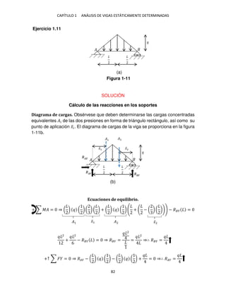 CAPÍTULO 1 ANÁLISIS DE VIGAS ESTÁTICAMENTE DETERMINADAS
82
Ejercicio 1.11
SOLUCIÓN
Cálculo de las reacciones en los soportes
Diagrama de cargas. Obsérvese que deben determinarse las cargas concentradas
equivalentes �� de las dos presiones en forma de triángulo rectángulo, así como su
punto de aplicación �̅�. El diagrama de cargas de la viga se proporciona en la figura
1-11b.
Ecuaciones de equilibrio.
+ ∑ �� = ⇒ ( ) ( ) ( ) ( ) + ( ) ( ) ( + − ( ) ( ) ) − ��� =
2
+
2
6
− ��� = ⇒ ��� =
2
=
2
⇒∴ ��� =
+↑ ∑ � = ⇒ ��� − ( ) ( ) − ( ) ( ) + = ⇒∴ ��� =
�
�
�1 �2
�̅2
�̅1
�� �
��
�1 �2
�̅1 �̅2
Figura 1-11
(a)
(b)
 