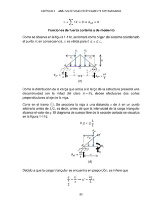 CAPÍTULO 1 ANÁLISIS DE VIGAS ESTÁTICAMENTE DETERMINADAS
83
+ ∑ � = ⇒ �� =
Funciones de fuerza cortante y de momento
Como se observa en la figura 1-11c, se tomará como origen del sistema coordenado
el punto �; en consecuencia, � es válida para ≤ � ≤ .
Como la distribución de la carga que actúa a lo largo de la estructura presenta una
discontinuidad (en la mitad del claro � − , deben efectuarse dos cortes
perpendiculares al eje de la viga.
Corte en el tramo . Se secciona la viga a una distancia � de � en un punto
arbitrario antes de / , es decir, antes de que la intensidad de la carga triangular
alcance el valor de . El diagrama de cuerpo libre de la sección cortada se visualiza
en la figura 1-11d.
Debido a que la carga triangular se encuentra en proporción, se infiere que
=
´
�
⟹ ´ = �
�
�1 �2
�̅2
�̅1
�� = ��� =
�
≤ � ≤
(c)
(d)
 