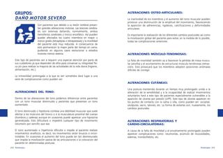 GRUPOS:
DAÑO MOTOR SEVERO
Son pacientes que debido a su lesión cerebral presentan grandes alteraciones motoras. Las lesiones cerebrales son extensas dañando, normalmente, ambos
hemisferios cerebrales o tronco encefálico. Así pueden
quedar afectados los cuatro miembros en mayor o
menor grado (tetraplejias o tetraparesias) y la movilidad
del paciente está muy reducida. A consecuencia de
esto permanecen la mayor parte del tiempo en cama,
pudiendo en algunos casos evolucionar a estadios
motores menos severos.
Este tipo de pacientes van a requerir una especial atención por parte de
sus cuidadores ya que dependen de ellos para conservar su integridad física y/o para realizar la mayoría de las actividades de la vida diaria (higiene,
alimentación, etc.).

ALTERACIONES OSTEO-ARTICULARES:
La inactividad de los miembros y el aumento del tono muscular pueden
provocar una disminución de la amplitud del movimiento, favoreciendo
la aparición de adherencias, rigideces, calcificaciones y deformidades
articulares.
Es importante la realización de los diferentes cambios posturales así como
la movilización global del paciente para evitar, en la medida de lo posible,
todas las complicaciones anteriores.

ALTERACIONES MÚSCULO-TENDINOSAS:
La falta de movilidad también va a favorecer la pérdida de masa muscular (atrofia) y el acortamiento de estructuras músculo-tendinosas (retracción). Esto provocará que los miembros adopten posiciones anómalas
difíciles de corregir.

La inmovilidad prolongada a la que se ven sometidos dará lugar a una
serie de complicaciones como pueden ser:

ALTERACIONES CUTÁNEAS:
ALTERACIONES DEL TONO:
Dentro de las alteraciones del tono podemos diferenciar entre pacientes
con un tono muscular disminuido y pacientes que presentan un tono
aumentado.
El tono disminuido o hipotonía conlleva una debilidad muscular que suele
afectar a los músculos del tronco o a la musculatura proximal del cuerpo
(hombros y caderas) aunque en ocasiones puede aparecer una hipotonía
generalizada. Esto dificultará o impedirá cualquier tipo de movimiento
voluntario por sencillo que sea.
El tono aumentado o hipertonía dificulta o impide al paciente realizar
movimientos analíticos, es decir, los movimientos serán bruscos e incontrolables. En ocasiones el aumento del tono puede ser tan desmesurado
que impida la movilización pasiva de las articulaciones o la colocación del
paciente en determinadas posturas.
212 fisioterapia

Una postura mantenida durante un tiempo muy prolongado unida a la
alteración de la sensibilidad y a la incapacidad de realizar movimientos
voluntarios hará a este tipo de pacientes especialmente vulnerables a la
aparición de úlceras por presión (UPP). Este tipo de úlceras aparecen en
los puntos de contacto con la cama o silla, como pueden ser: occipital,
escápulas, sacro, talones, etc. La forma de evitarlas son, nuevamente, los
cambios posturales.

ALTERACIONES RESPIRATORIAS Y
CARDIO-CIRCULATORIAS:
A causa de la falta de movilidad y al encamamiento prolongado pueden
aparecer complicaciones como: neumonías, acúmulo de mucosidades,
edemas, tromboflebitis, etc.

fisioterapia 213

 