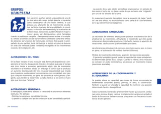 GRUPOS:
HEMIPLEJIA

·La posición de su lado afecto: sensibilidad propioceptiva. Un ejemplo de
ésta sería el hecho de no darse cuenta de que su brazo esta “colgando”
por uno de los laterales de la cama.

Son pacientes que han sufrido una parálisis de uno de
los dos lados del cuerpo (mitad derecha o izquierda)
como consecuencia de una lesión cerebral, la cual
provoca una alteración de los movimientos voluntarios, del tono muscular, de la sensibilidad y la coordinación. En función de la severidad y la localización de
la lesión estas alteraciones pueden afectar en mayor o
menor grado, así distinguiremos entre hemiplejia
cuando la parálisis es completa y hemiparesia cuando es leve o incompleta. Debido a la lesión uno de los hemisferios cerebrales suele verse afectado alterando las funciones del hemicuerpo contrario. Esto puede ir acompañado de una parálisis facial (del lado de la lesión) así como de lesiones
en otras vías nerviosas (pares craneales) encargadas de los movimientos
oculares, de la deglución, etc.

En ocasiones el paciente hemipléjico tiene la sensación de haber “perdido” ese lado afecto, no reconociéndolo como parte de él. Este fenómeno
es lo que denominamos negligencia.

ALTERACIONES DEL TONO:
En las fases iniciales el tono muscular está disminuido (hipotónico) o simplemente el tono ha desaparecido (flácido). A medida que pase el tiempo
este tono tiende a aumentar, permitiendo algún tipo de movimiento
voluntario en el miembro afecto. Sin embargo es común que se produzca
un aumento desmesurado del tono muscular (espasticidad) que impida
que el paciente pueda realizar los movimientos con normalidad: esto hace
que cualquier movimiento por parte del paciente se vuelva penoso y fatigante, pues tenderá a mover todo su lado afecto a la vez como si fuera
algo que tiene que “arrastrar”.

ALTERACIONES ARTICULARES:
La inactividad del miembro afecto puede provocar una disminución de la
amplitud de su movimiento, dificultando o impidiendo que éste pueda
colocarse en determinadas posiciones. Este hecho favorece la aparición de
retracciones, calcificaciones y deformidades articulares.
Las alteraciones articulares más comunes son el pie equino varo, la mano
en garra y el subluxación de hombro (hombro doloroso).
Pérdida de movimientos selectivos y aparición de reacciones asociadas:
·El paciente hemipléjico puede perder la capacidad de mover aisladamente determinadas partes de su cuerpo. Cuando lo intenta, otros músculos
se contraen sin poder controlarlos y se produce un movimiento masivo
(reacciones asociadas).

ALTERACIONES DE LA COORDINACIÓN Y
EL EQUILIBRIO:
Se pueden alterar su capacidad para mover de forma sincronizada las
extremidades corporales (brazos, piernas), es decir, la coordinación.
También se puede ver alterada la capacidad de mantener una posición
determinada frente a desequilibrios.

ALTERACIONES SENSITIVAS:
El hemipléjico puede tener alterada la capacidad de discriminar diferentes
estímulos. Por ejemplo:
·Distintas temperaturas: sensibilidad térmica.
·La presión o cualquier otro tipo de contacto en la piel: sensibilidad superficial.

214 fisioterapia

Todos los factores nombrados anteriormente hacen que acciones cotidianas como ponerse de pie, caminar o simplemente mantenerse sentado al
borde de la cama se vuelvan costosas y requieran con frecuencia la asistencia de otra persona.

fisioterapia 215

 